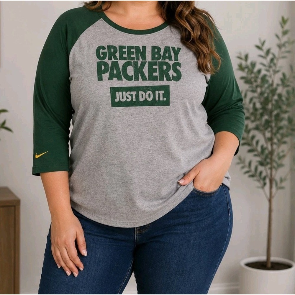 Nike Green Bay Packers Gray and Green Raglan Long Sleeve Tee
